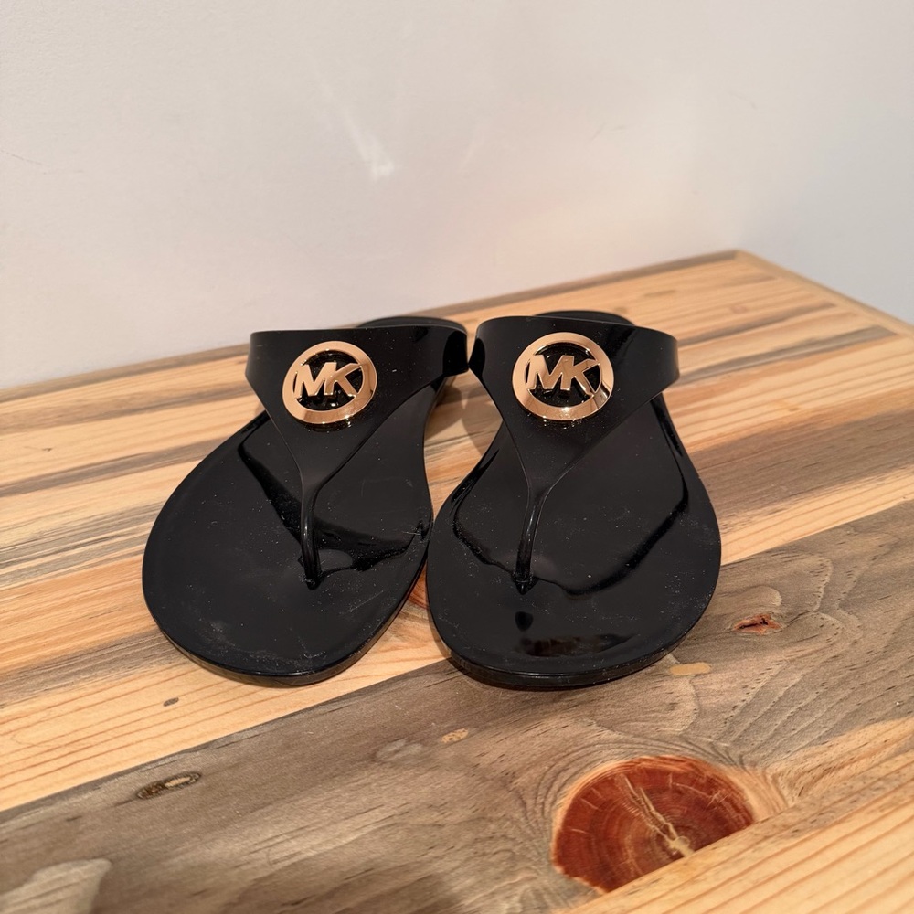 Michael Kors Black Sandal with Gold MK Medallion